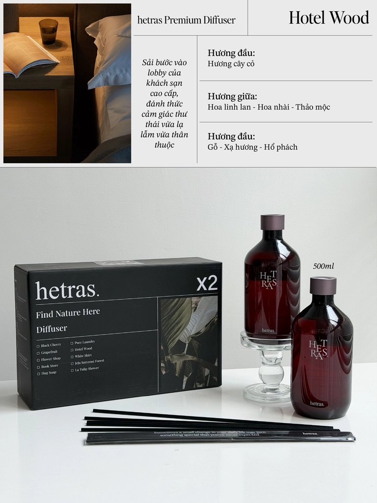  Bộ Tinh Dầu Nước Hoa Khuếch Tán Hương Thơm Hetras Premium Diffuser 500ml 