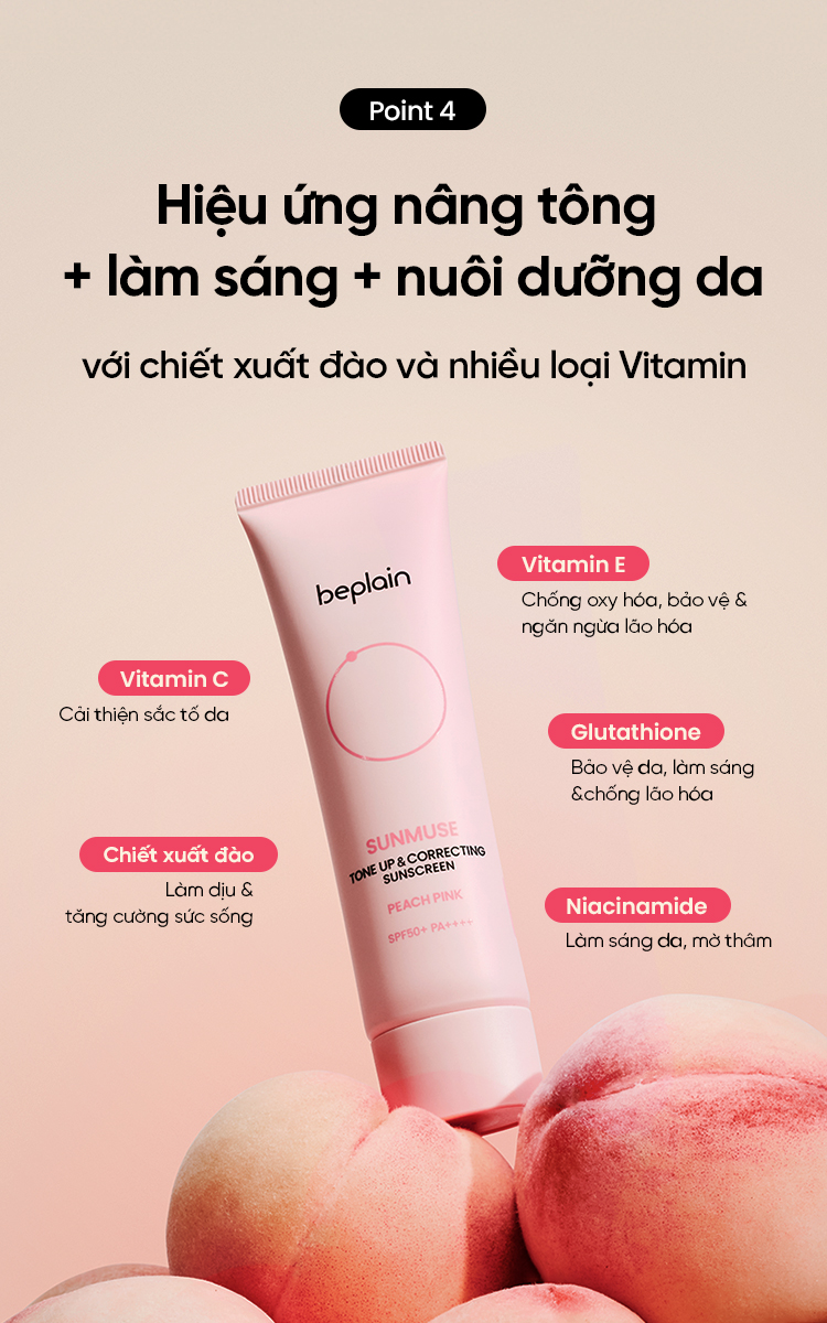  (HỒNG) Kem Chống Nắng Nâng Tone Beplain Tone Up & Correcting Sunscreen Peach Pink SPF50+ PA++++ 50ml 