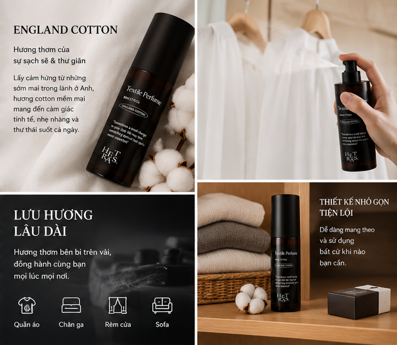 Xịt Thơm Quần Áo Hetras Textile Perfume England Cotton 80ml 