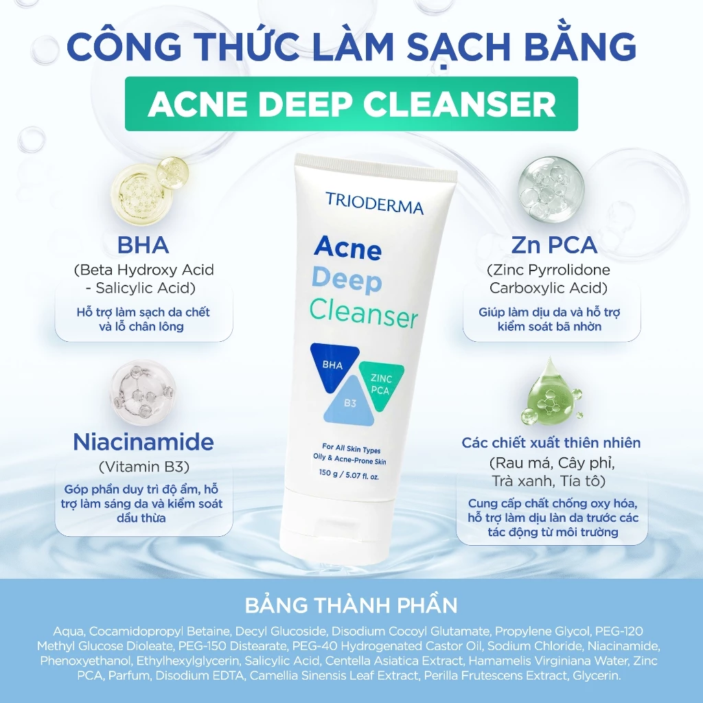  Sữa rửa mặt dạng gel Trioderma Acne Deep Cleanser 150g 