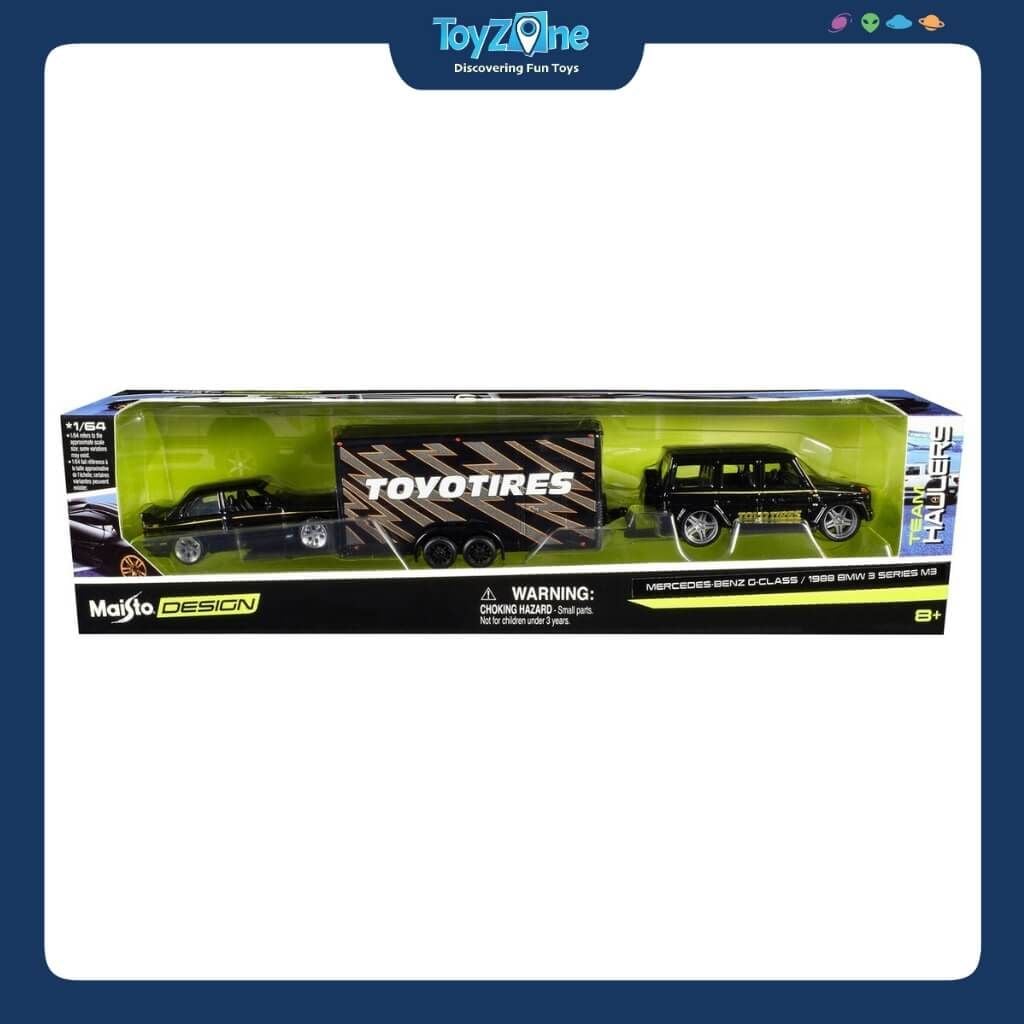 Mô hình xe vận chuyển Mercedes-Benz G-Class + BMW 3 Series M3 1988 Design Team Hauler 1:64 MAISTO