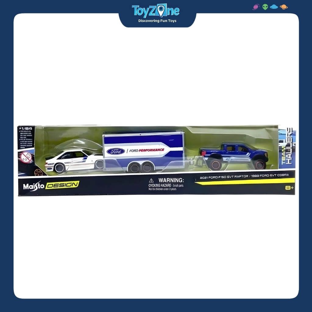 Mô hình xe vận chuyển Ford F150 SVT Raptor 2021 + Ford SVT Cobra 1993 Design Team Hauler 1:64 MAISTO