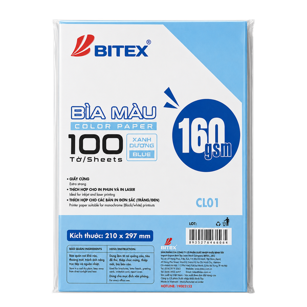 Bìa màu A4 160 gsm/CL01 (100 tờ/xấp)
