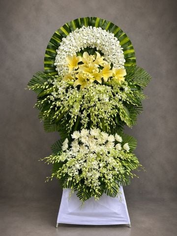 Kệ hoa chia buồn lan trắng & ly vàng | White Orchid Sympathy Stand