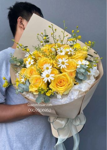 Bó hoa hồng vàng mix hoạ mi & lan vũ nữ – tone vàng tươi trẻ G43