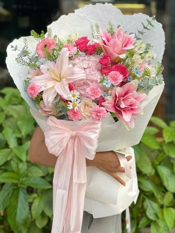 Bó hoa cẩm tú cầu hồng mix ly & hồng pastel – tone ngọt sang G16