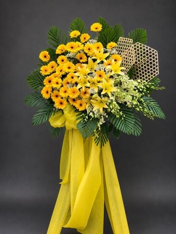 Kệ hoa khai trương tone vàng | Lan – Đồng tiền – Ly vàng  G74