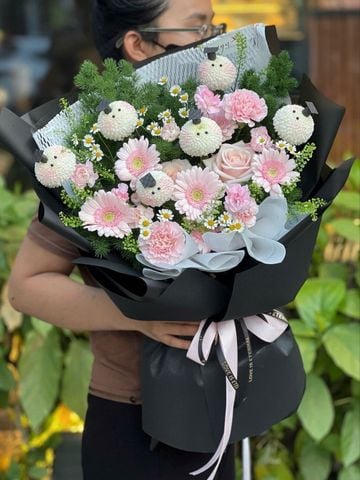 Bó hoa tốt nghiệp cúc ping pong | Graduation Bouquet tone hồng đen G103