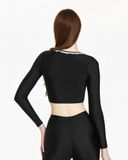  Áo bơi nữ Hibi Sports SS013 - Kiểu croptop tay dài, cổ nhún bèo trắng, kèm mút 