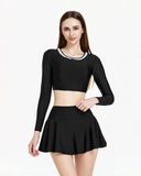 Áo bơi nữ Hibi Sports SS013 - Kiểu croptop tay dài, cổ nhún bèo trắng, kèm mút 