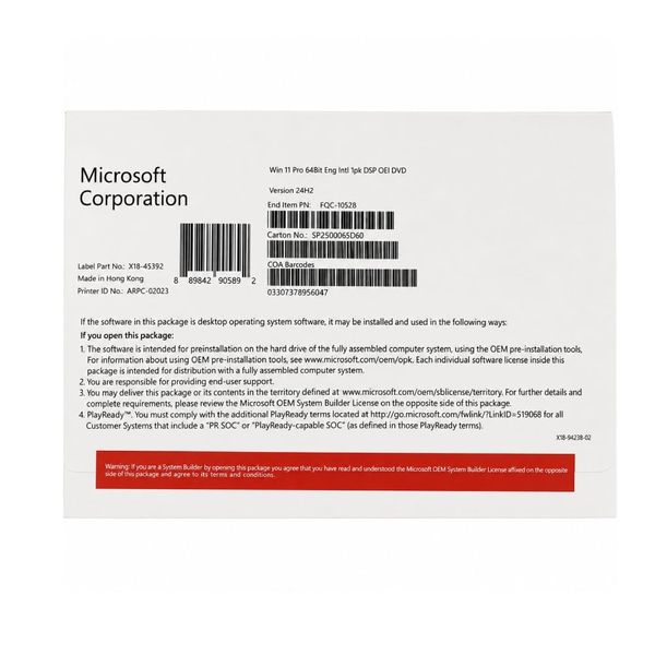 Phần mềm Microsoft Windows Pro 11 64Bit Eng Intl 1pk DSP OEI DVD (FQC-10528)