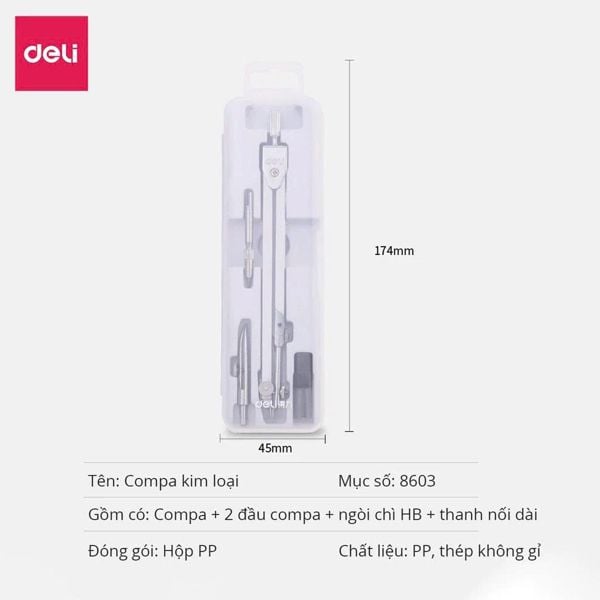  Bộ Compa Kim Loại Chì Bấm Deli 8601 