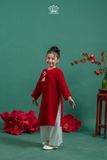  Áo Dài Bé Gái Nhung Phúc Lành Đỏ Hoa Pháo May Mắn Phối Họa Tiết Thêu Đính Thủ Công | Crown Space CKGL9961803 
