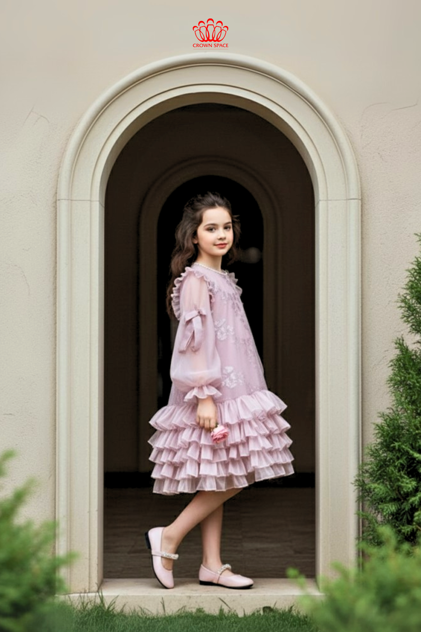  Váy Công Chúa Bé Gái Tầng Voan Bồng Bềnh Tím hồng Crown Space CKGL38514018 