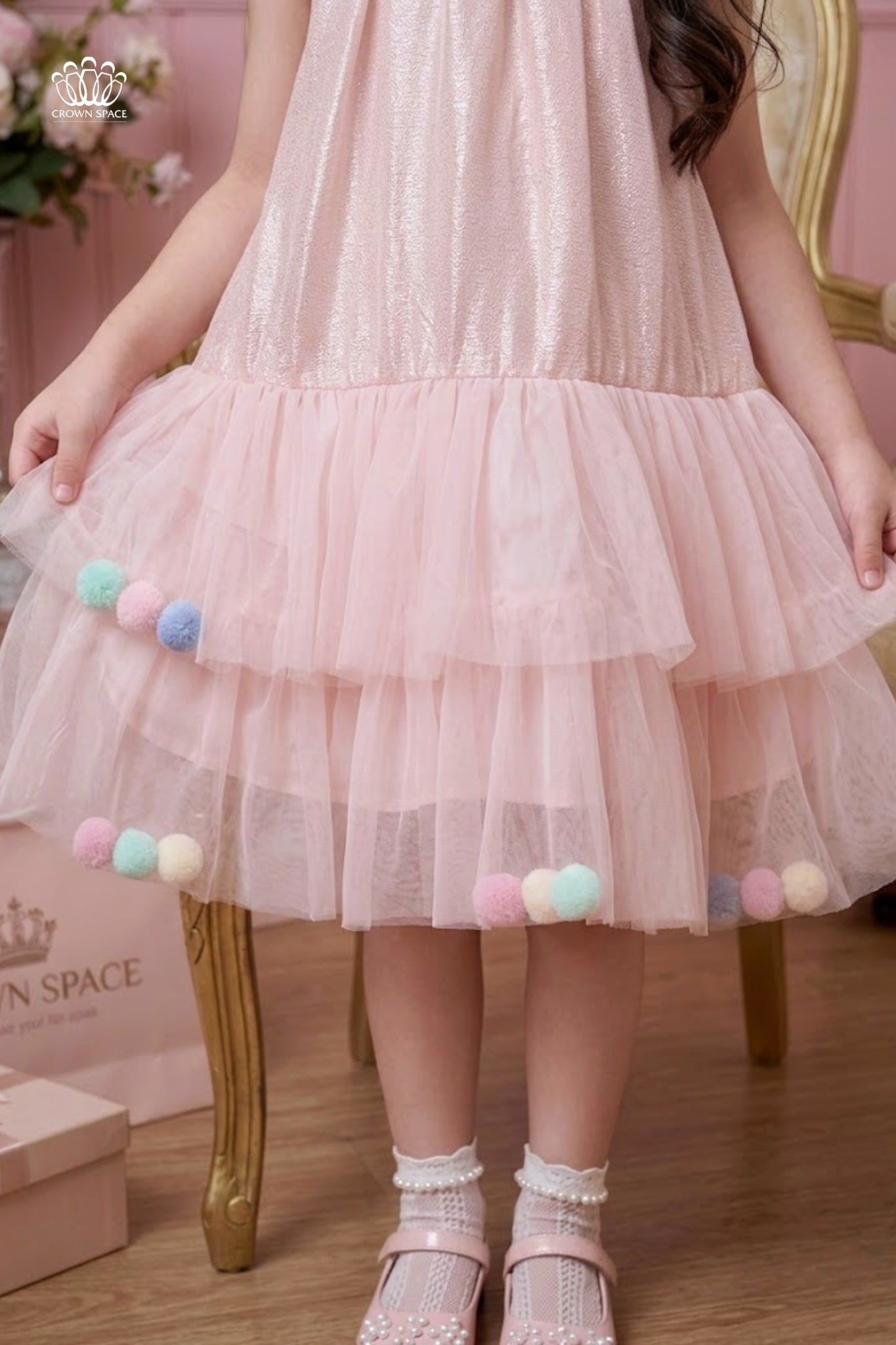  Váy Bé Gái Hồng Tulle Pom Pom Crown Space – Váy Công Chúa Dễ Thương CKGS3860202 