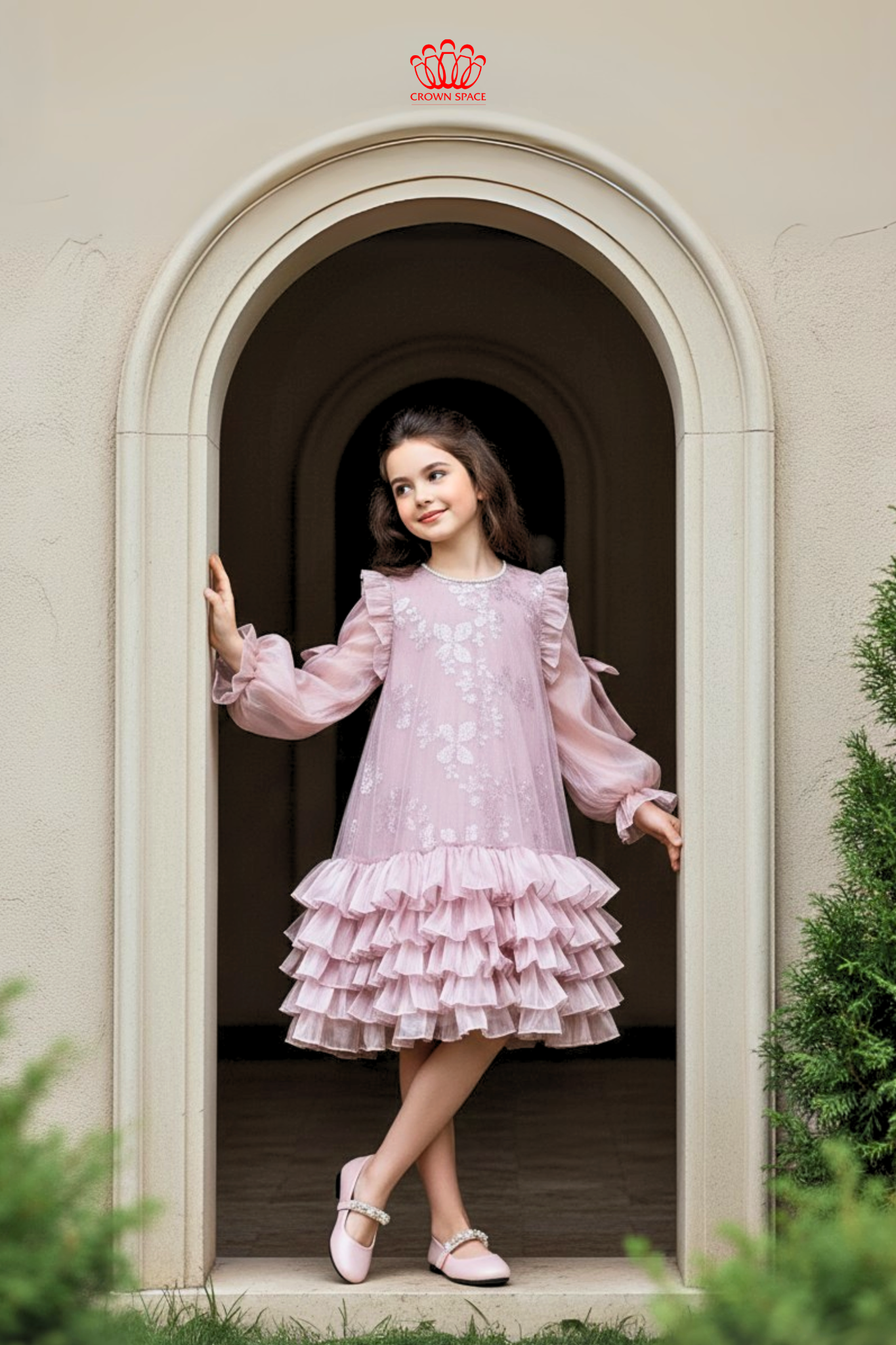  Váy Công Chúa Bé Gái Tầng Voan Bồng Bềnh Tím hồng Crown Space CKGL38514018 