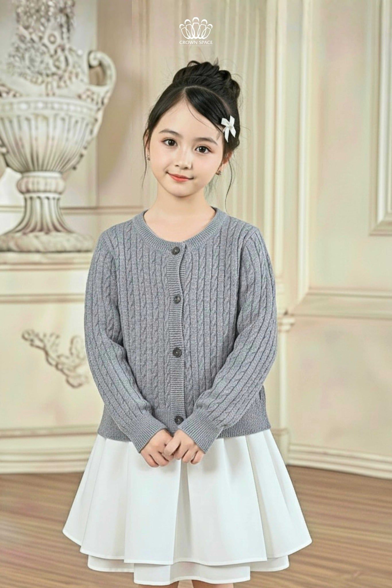  Áo Khoác Len Cardigan Bé Gái Dệt Vặn Thừng Phong Cách Anh Quốc | Crown Space CKGL6451611/CKGL6451613 