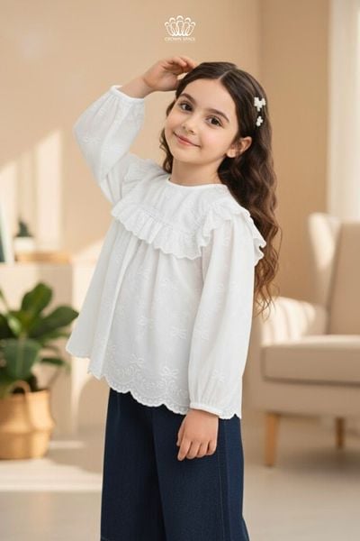  Áo Bé Gái Cotton Cổ Ren Nổi Thanh Lịch Phong Cách Anh Quốc Crown Space CKGL5251502 