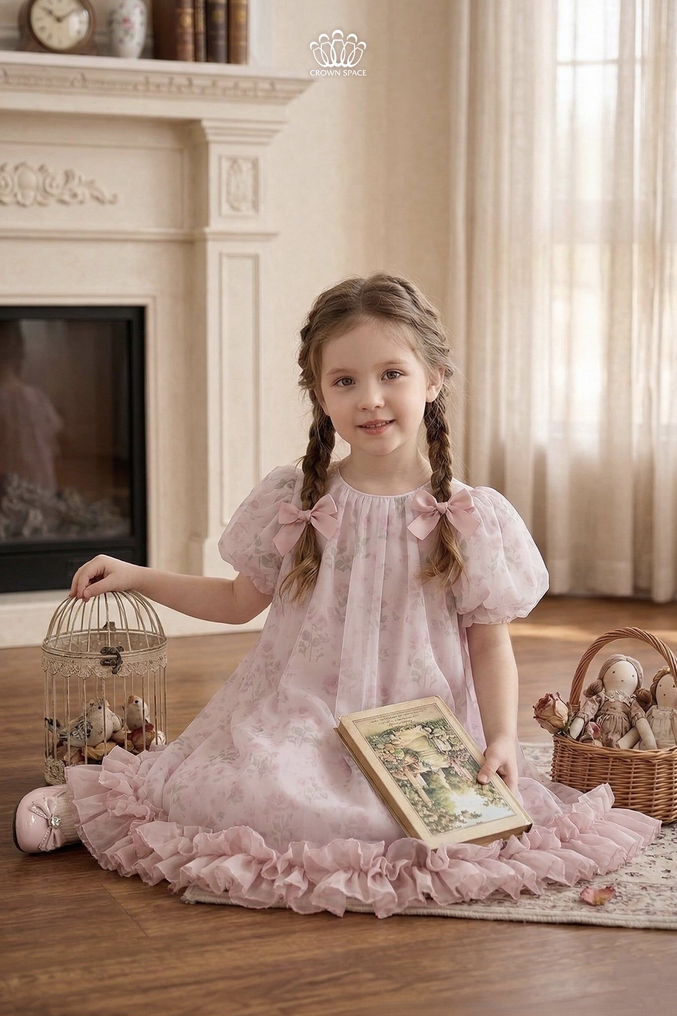  Váy Bé Gái Voan Tơ Họa Tiết Hoa Tay Bồng Cổ Điển – Crown Space CKGS3860502 