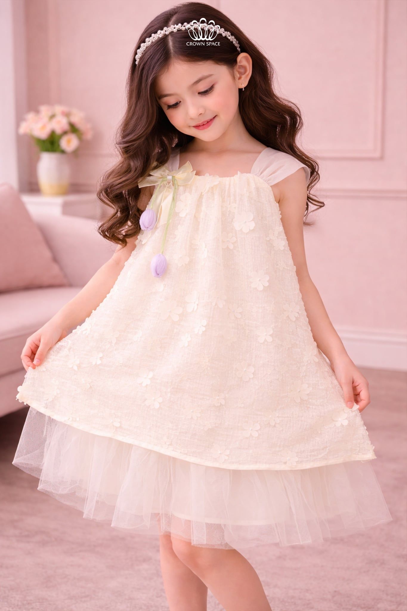  Váy Bé Gái Ren Tulle 2 Tầng Hoa 3D Kết Nơ Tulip Mơ Mộng – Crown Space CKGS3860405 
