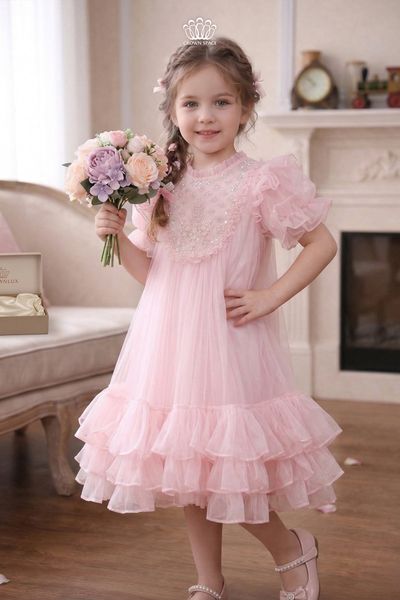  Váy Bé Gái Tulle Tay Bồng Đính Kết Ngọc Trai Lộng Lẫy – Crown Space CKGS3860505 