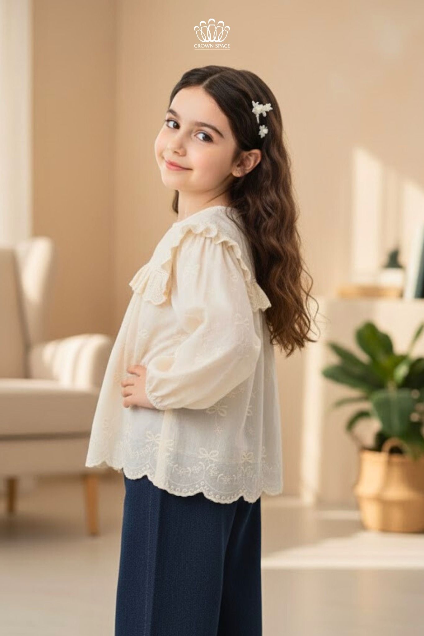  Áo Bé Gái Cotton Cổ Ren Nổi Thanh Lịch Phong Cách Anh Quốc Crown Space CKGL5251502 