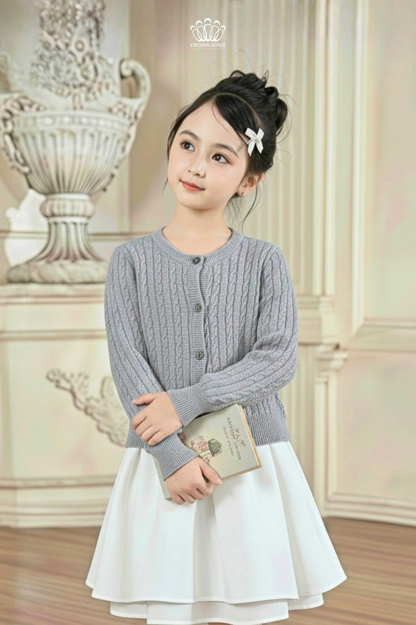  Áo Khoác Len Cardigan Bé Gái Dệt Vặn Thừng Phong Cách Anh Quốc | Crown Space CKGL6451611/CKGL6451613 