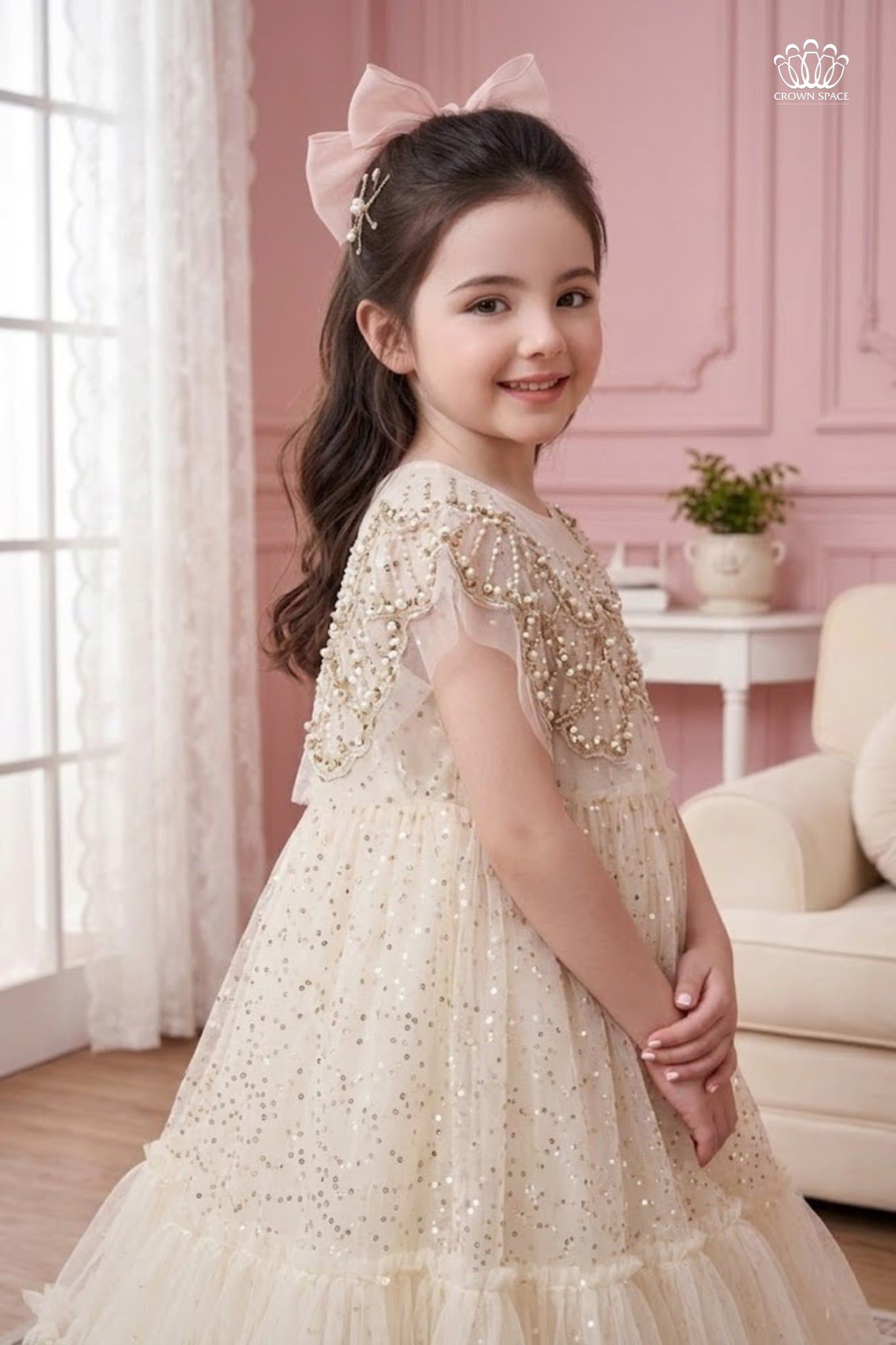  Váy Bé Gái Công Chúa Đính Kim Sa Crown Space – Váy Dự Tiệc Sang Trọng CKGS3860201 