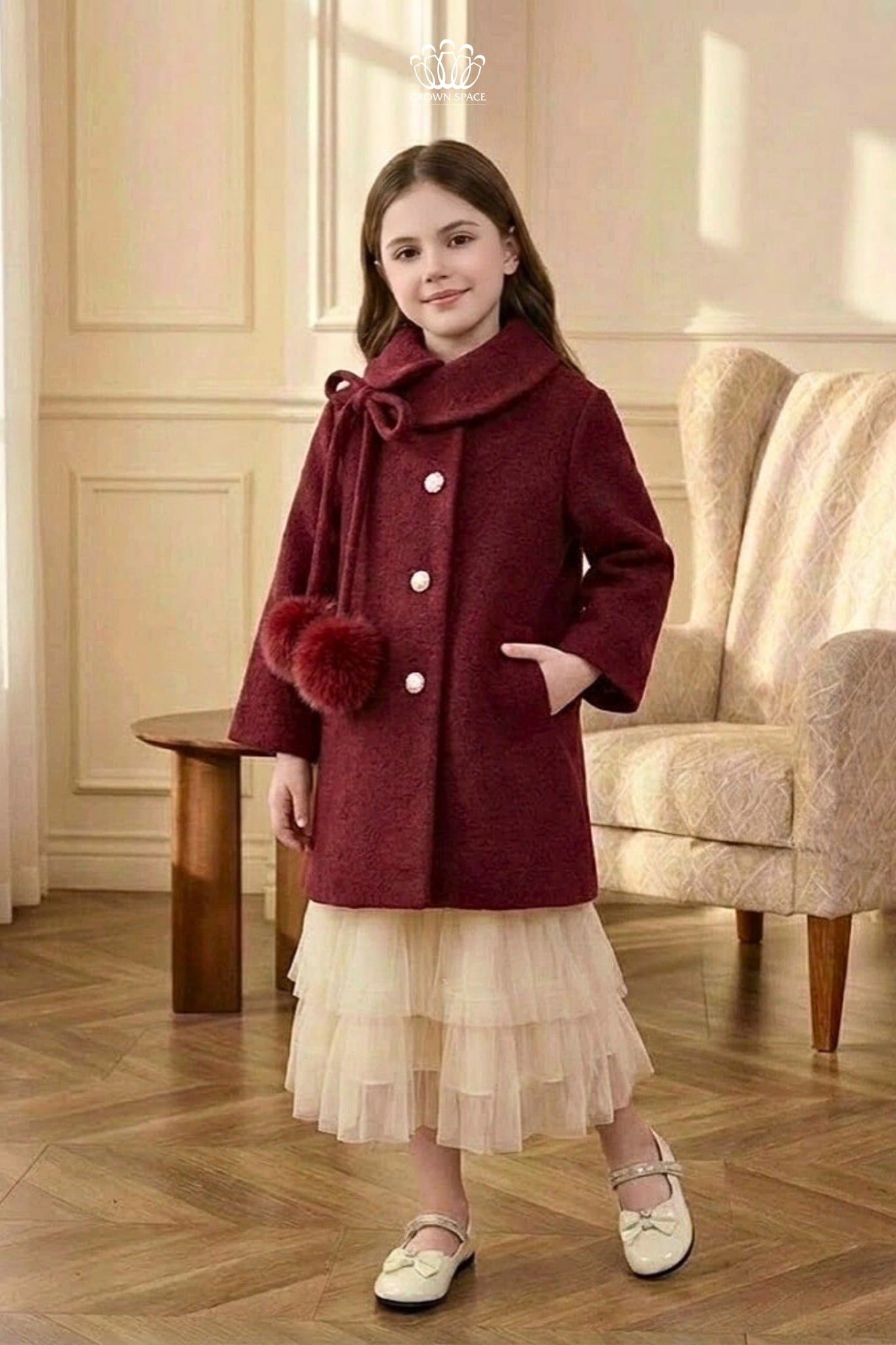  Áo Khoác Dạ Lông Thỏ Cổ Nơ Bông Tiểu Thư | Crown Space CKGL63517031 