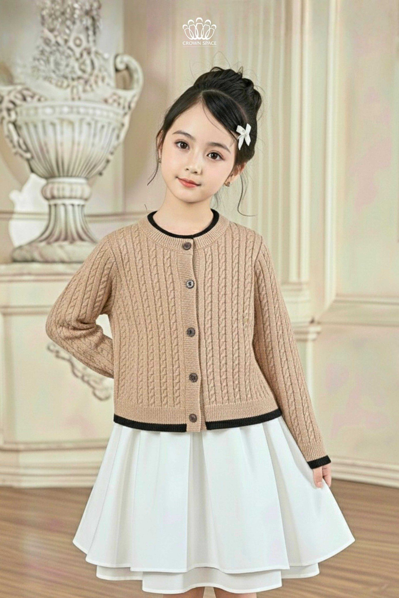  Áo Khoác Len Cardigan Bé Gái Dệt Vặn Thừng Phong Cách Anh Quốc | Crown Space CKGL6451611/CKGL6451613 