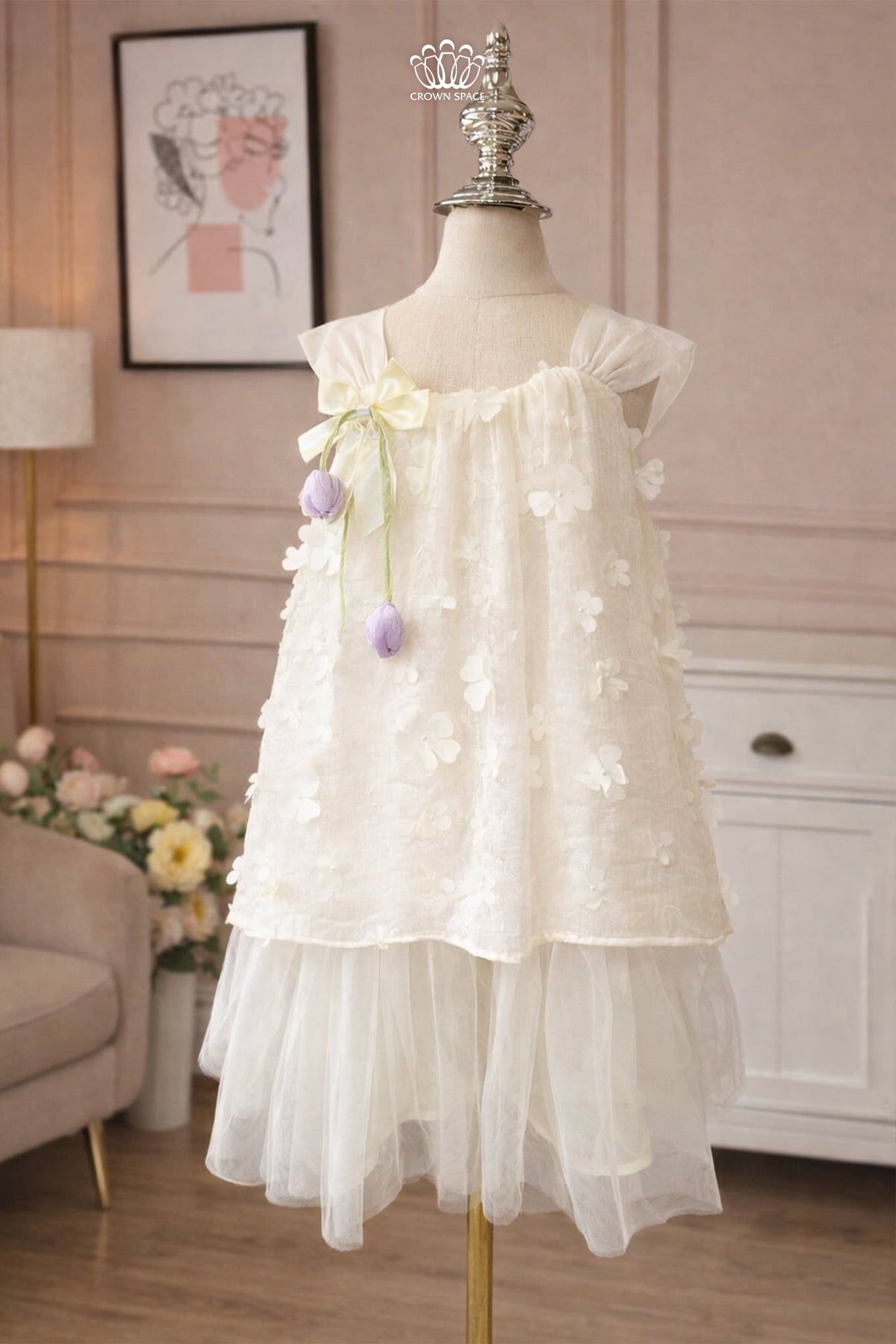  Váy Bé Gái Ren Tulle 2 Tầng Hoa 3D Kết Nơ Tulip Mơ Mộng – Crown Space CKGS3860405 