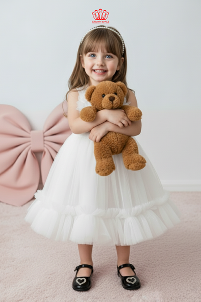  Váy Công Chúa Bé Gái Cao Cấp Hoa 3D 2 Màu Trắng & Xanh Da Trời Nhạt Crown Space CKGS38514011 