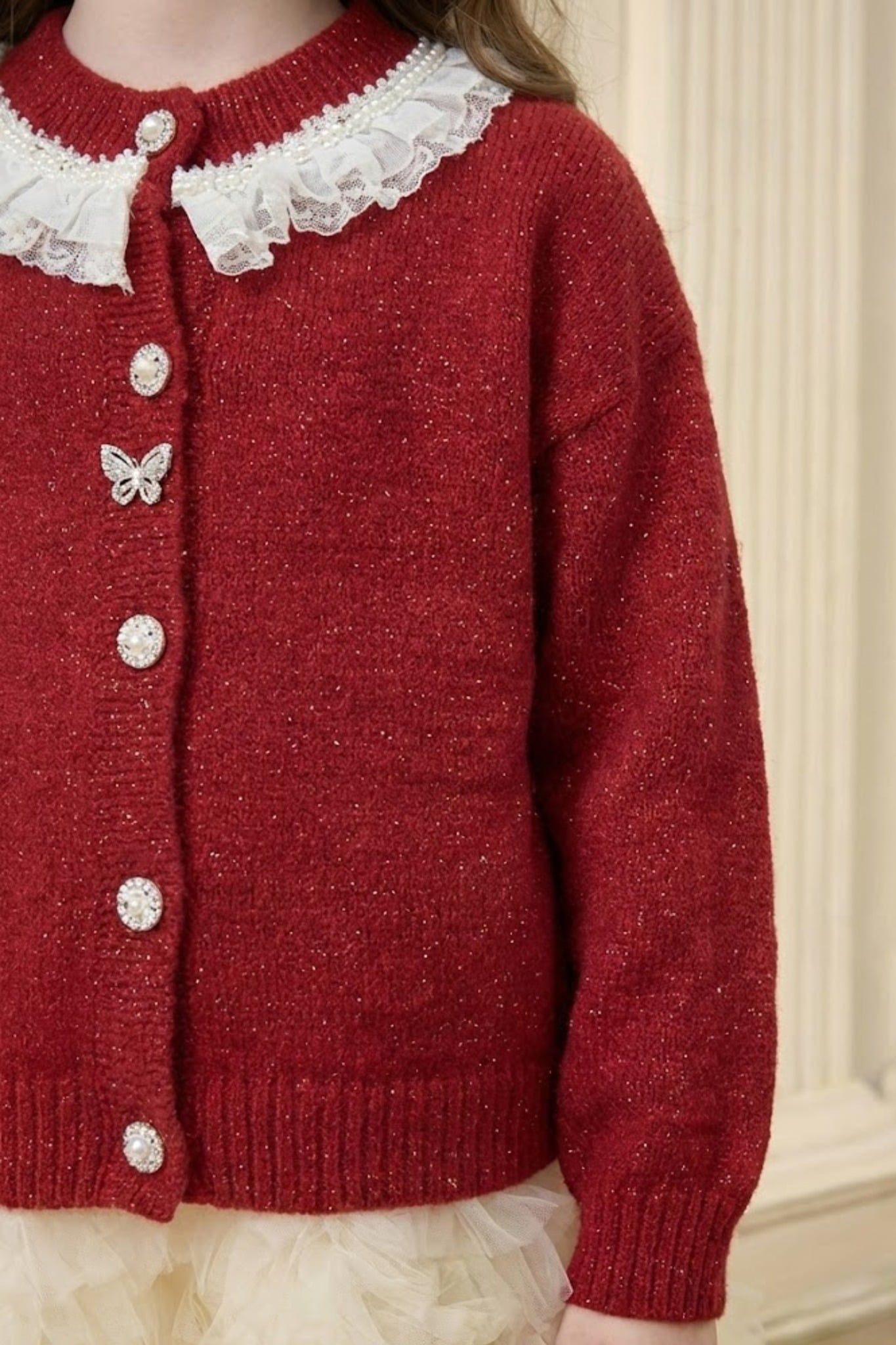  Áo Len Cardigan Bé Gái Cổ Ren Đính Đá Pha Lê | Crown Space CKGL6451902 