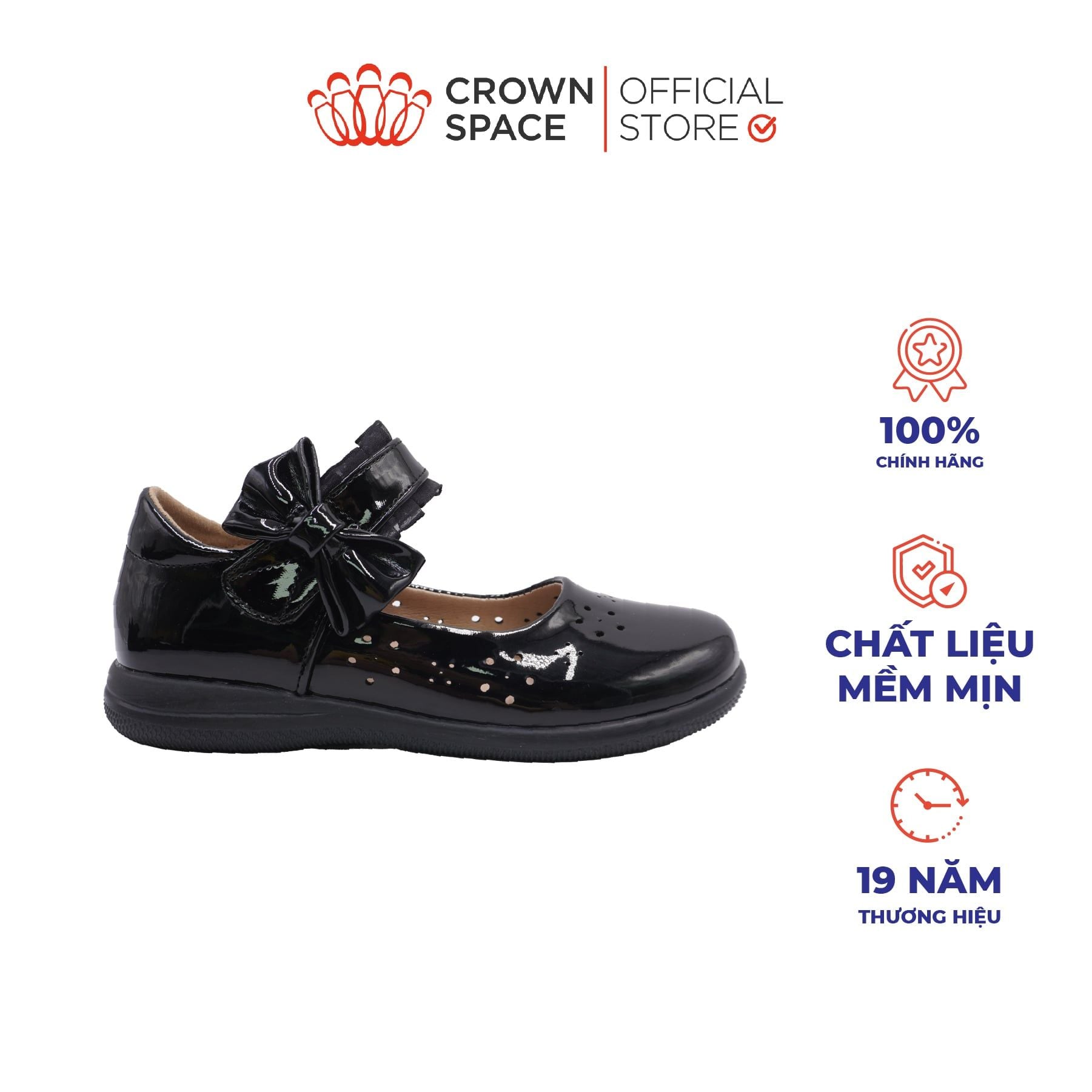  [Pre-order] Giày Đi Học School Shoes Bé Gái Da Bóng Đính Nơ Xinh Xắn, Tăng Chiều Cao 2cm | Crown Space CRUK3084 