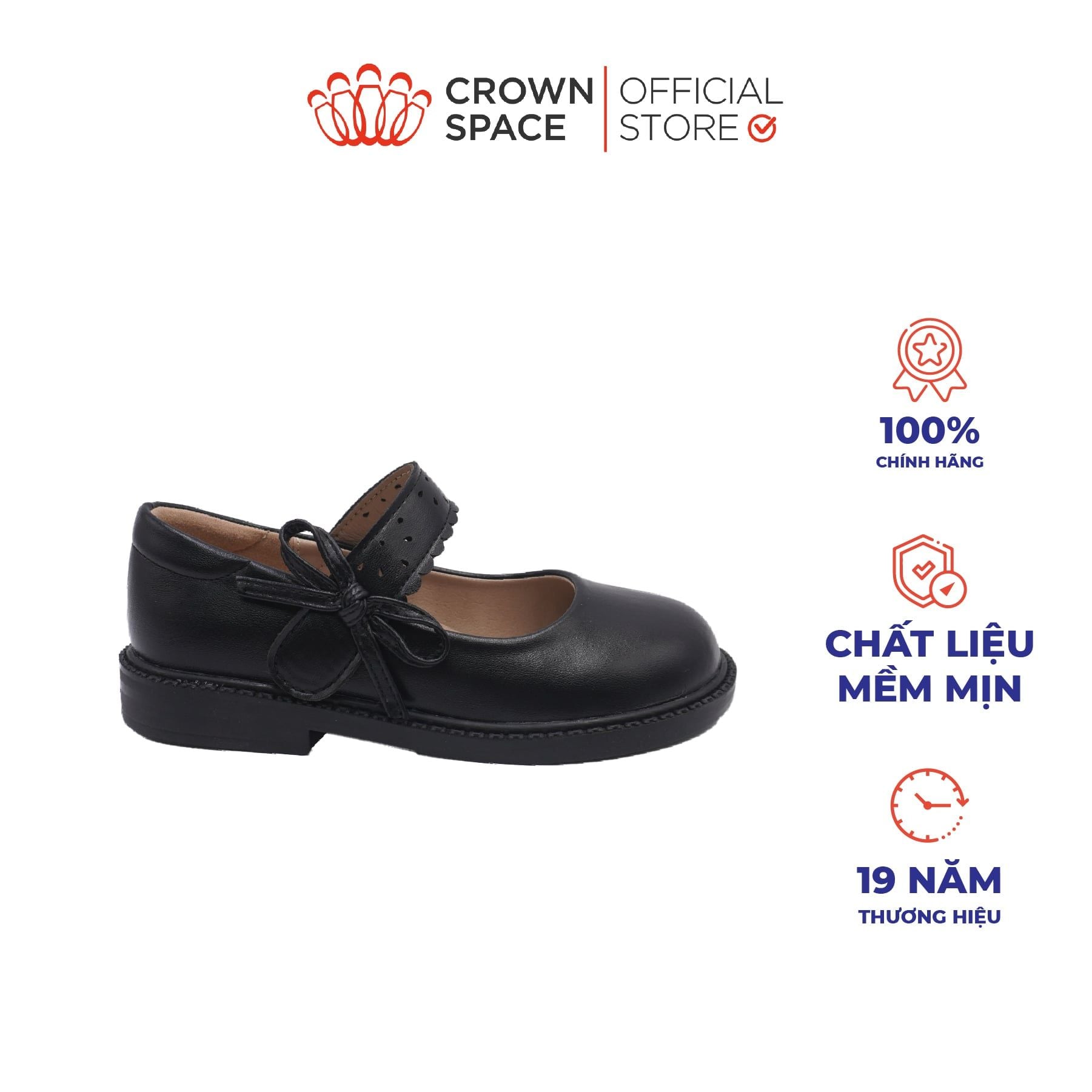  [Pre-order]Giày Đi Học School Shoes Bé Gái Da Lì Đính Nơ Xinh Xắn, Tăng Chiều Cao 2.5cm | Crown Space CRUK3083 