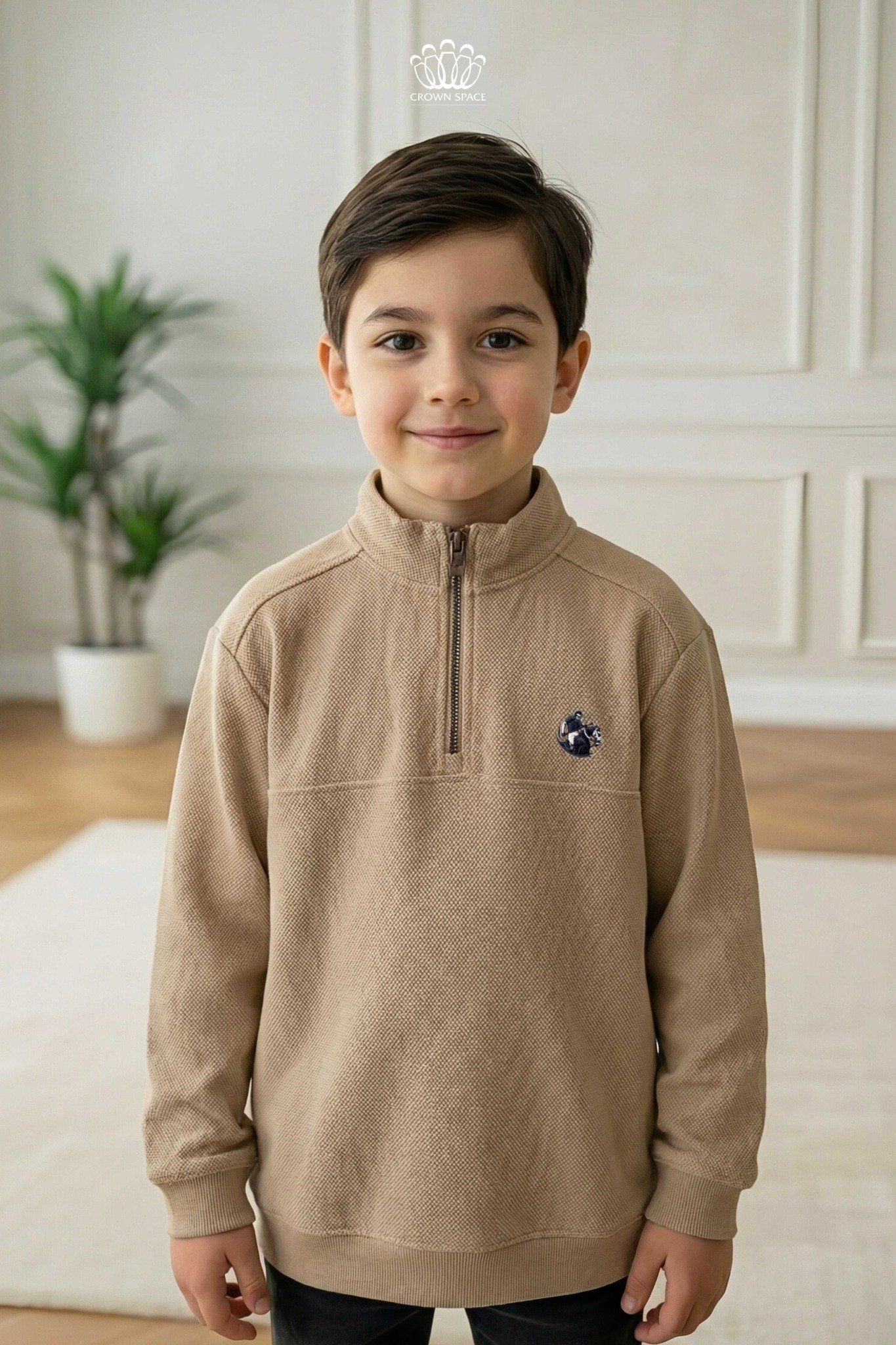  Áo Nỉ Bé Trai Cổ Zip Thời Thượng - Màu Nâu Phong Cách Hàn Quốc | Crown Space CKBL5151402 