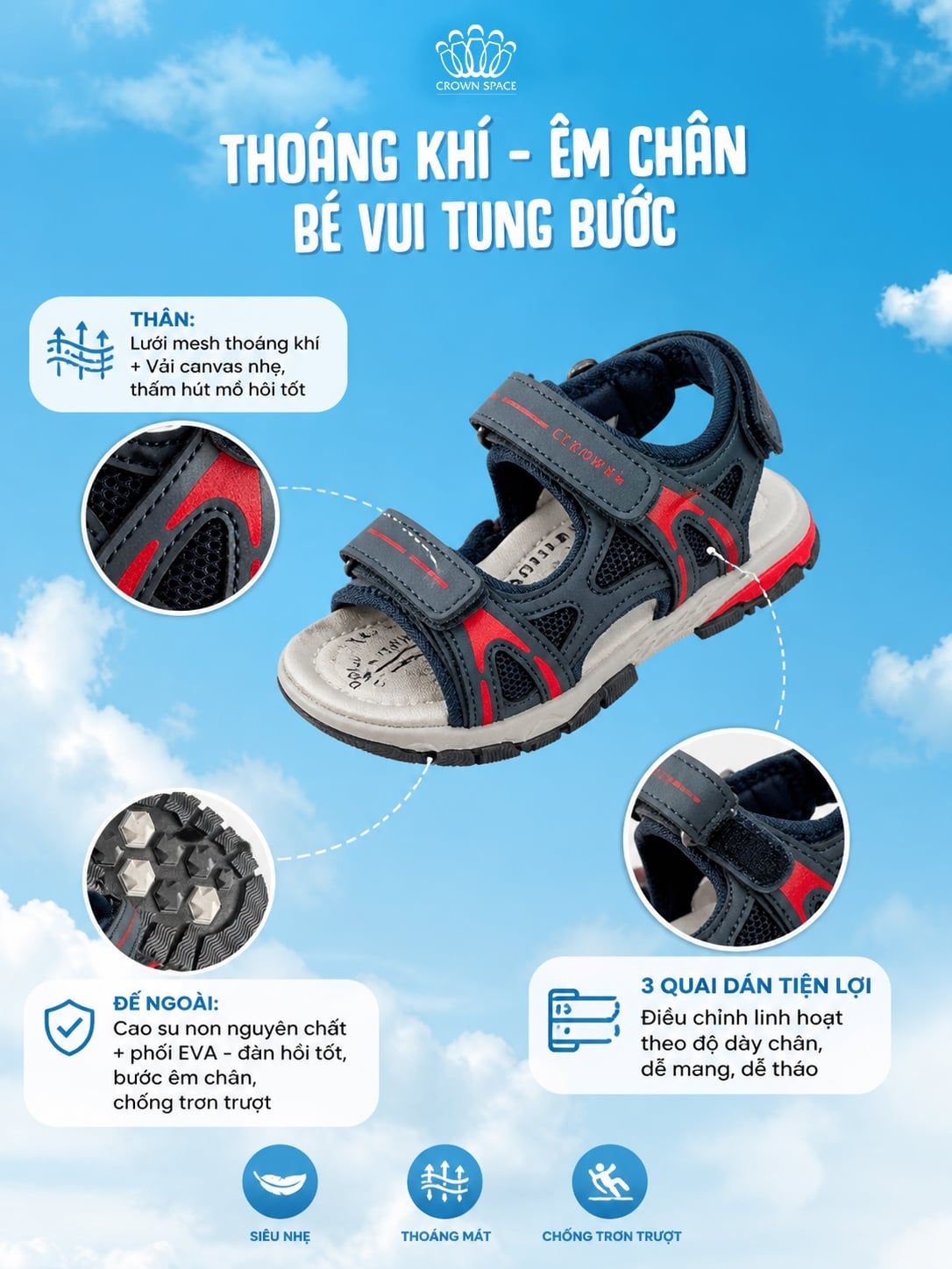  Sandal Thể Thao Bé Trai Chống Trượt, Bền Bỉ, Xanh Navy Cá Tính | Crown Space CRUK584.NV 