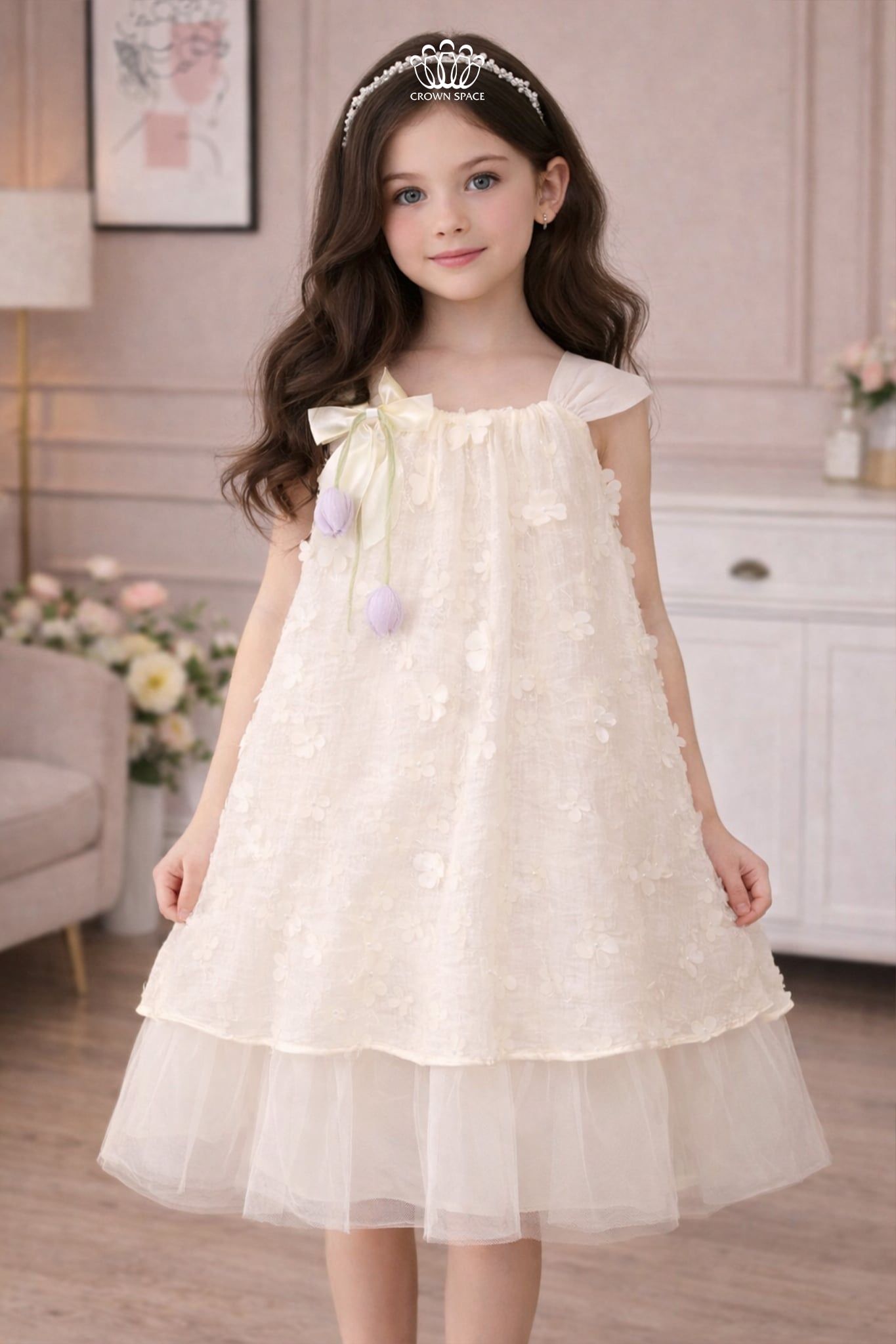  Váy Bé Gái Ren Tulle 2 Tầng Hoa 3D Kết Nơ Tulip Mơ Mộng – Crown Space CKGS3860405 