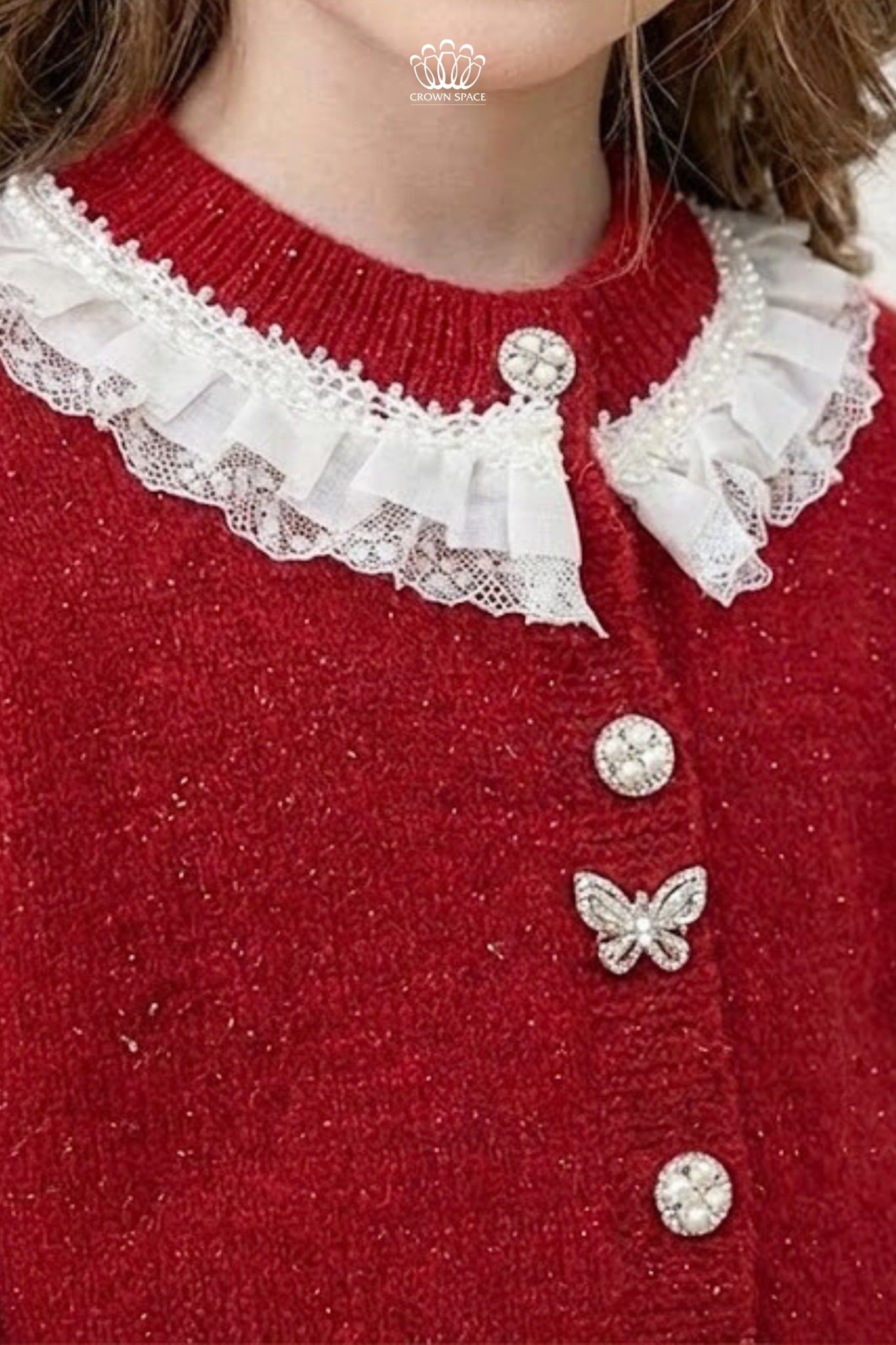  Áo Len Cardigan Bé Gái Cổ Ren Đính Đá Pha Lê | Crown Space CKGL6451902 