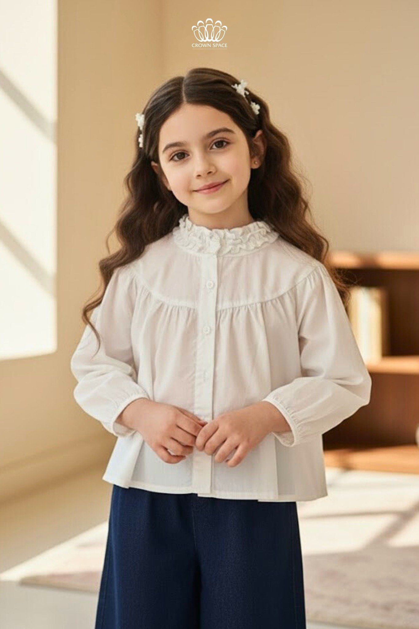  Áo Bé Gái Cotton Cổ Bèo Thanh Lịch, Phong Cách Châu Âu Crown Space CKGL5251501 