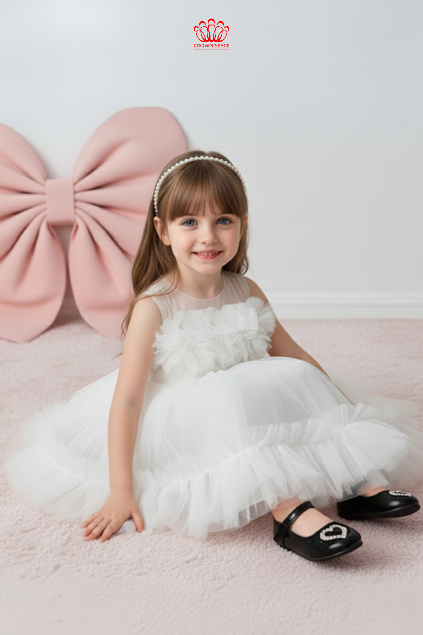  Váy Công Chúa Bé Gái Cao Cấp Hoa 3D 2 Màu Trắng & Xanh Da Trời Nhạt Crown Space CKGS38514011 