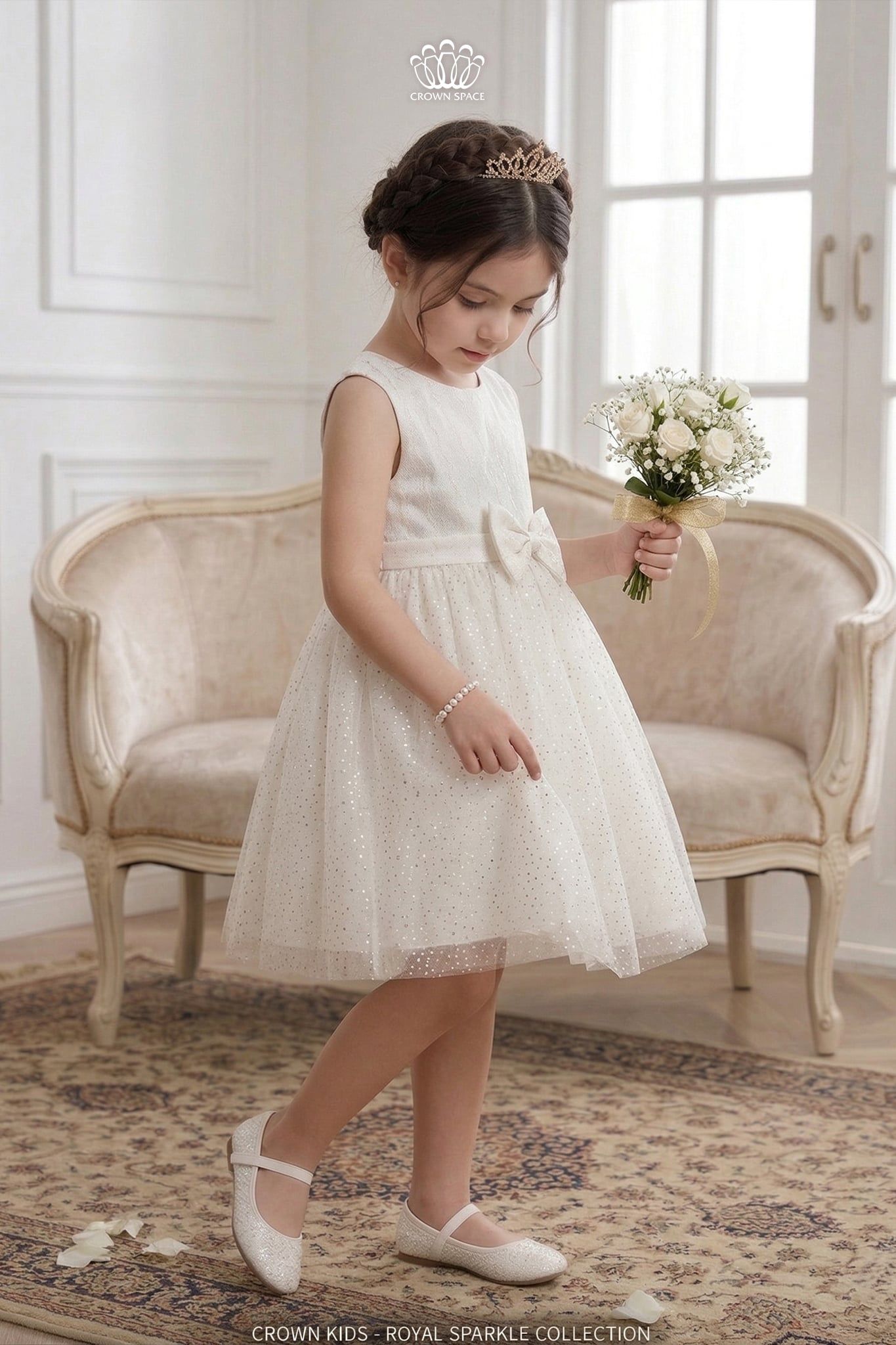  Váy công chúa bé gái cao cấp Crown Space – Thiết kế xòe hoạ tiết óng ánh đính nơ sang trọng CKGS3860108 