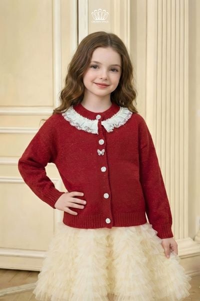  Áo Len Cardigan Bé Gái Cổ Ren Đính Đá Pha Lê | Crown Space CKGL6451902 