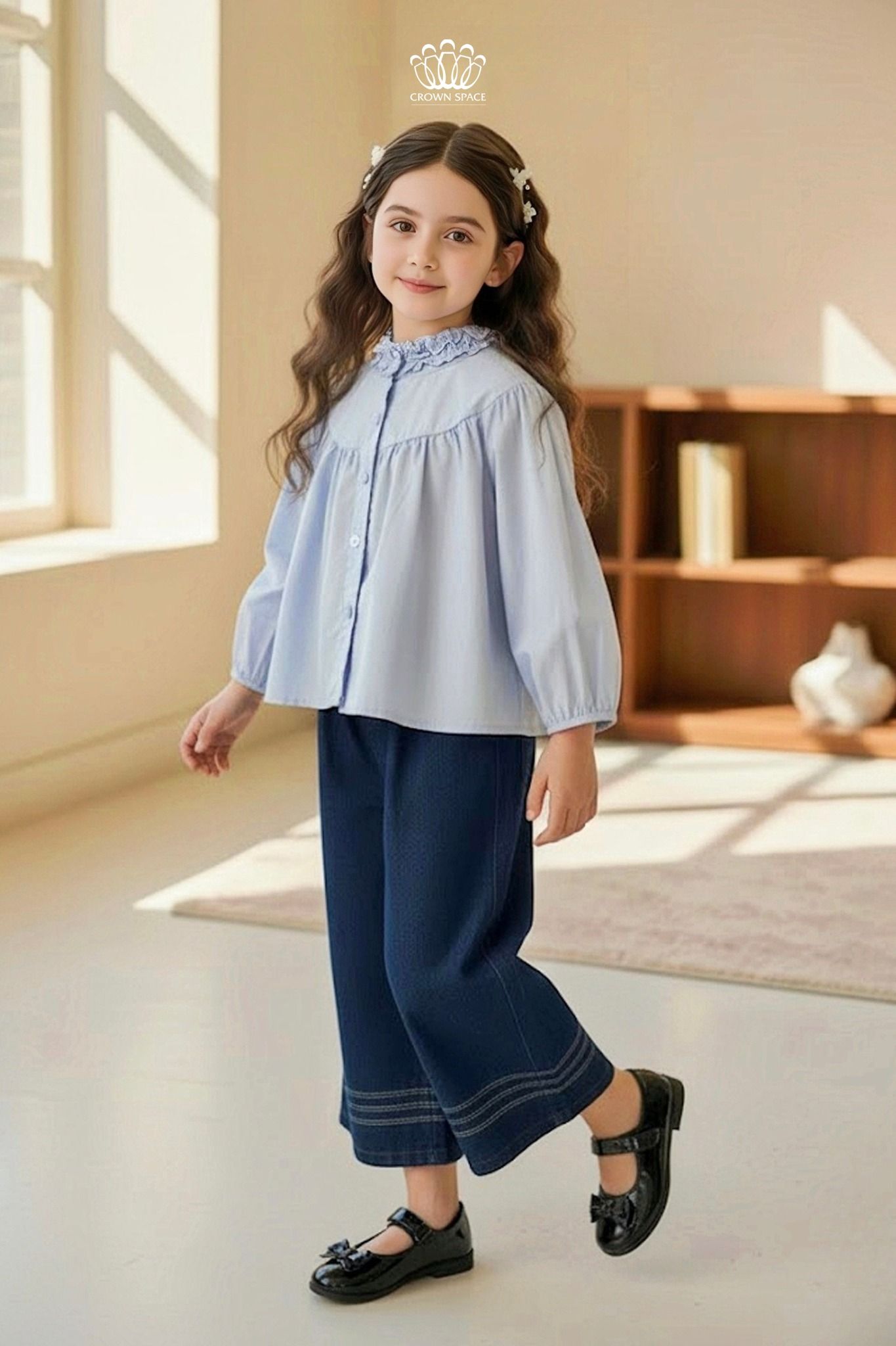  Áo Bé Gái Cotton Cổ Bèo Thanh Lịch, Phong Cách Châu Âu Crown Space CKGL5251501 