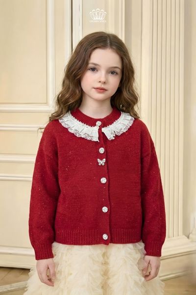  Áo Len Cardigan Bé Gái Cổ Ren Đính Đá Pha Lê | Crown Space CKGL6451902 