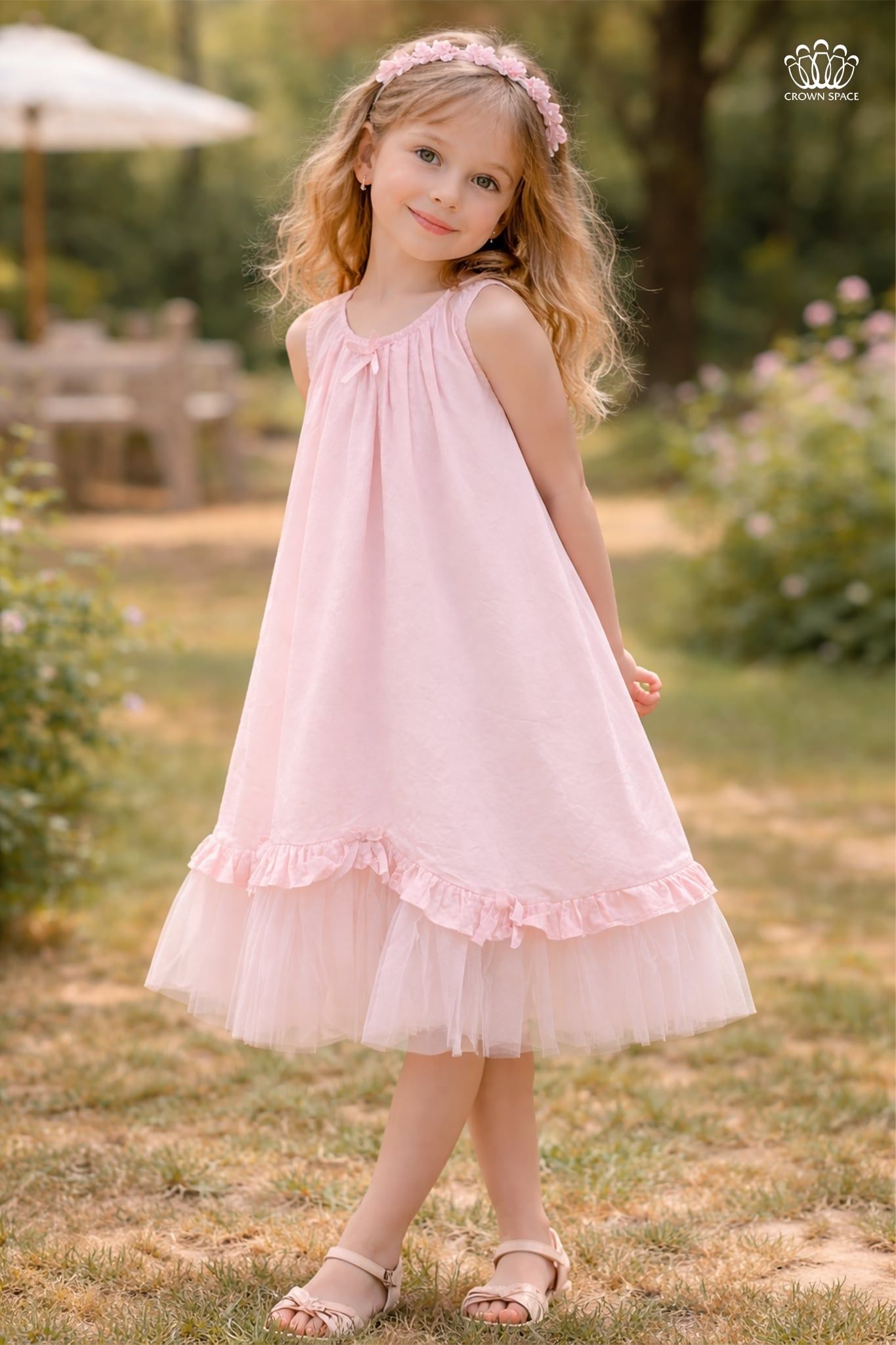  Váy Bé Gái Dáng Suông Phối Tulle Đính Nơ Ngọt Ngào – Crown Space CKGS2860403 