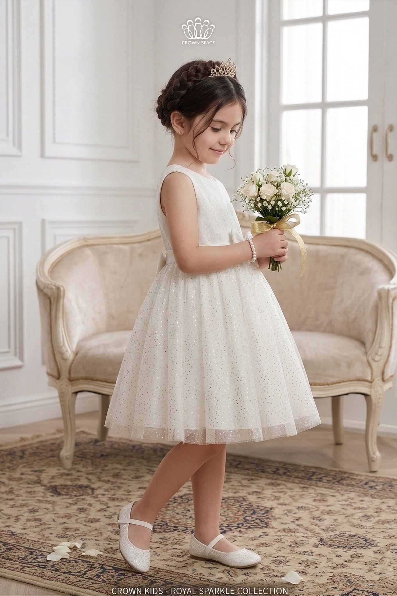  Váy công chúa bé gái cao cấp Crown Space – Thiết kế xòe hoạ tiết óng ánh đính nơ sang trọng CKGS3860108 