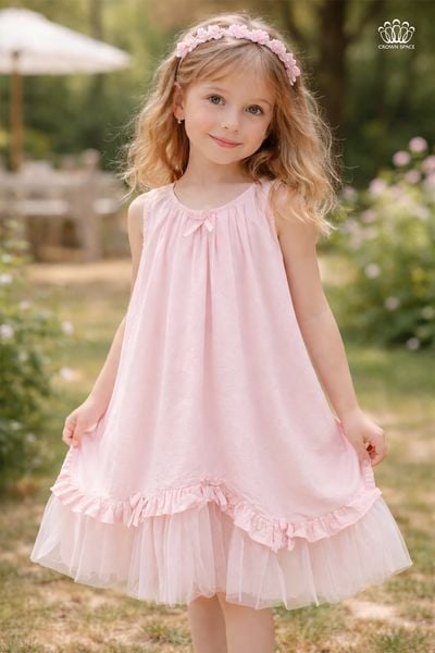  Váy Bé Gái Dáng Suông Phối Tulle Đính Nơ Ngọt Ngào – Crown Space CKGS2860403 