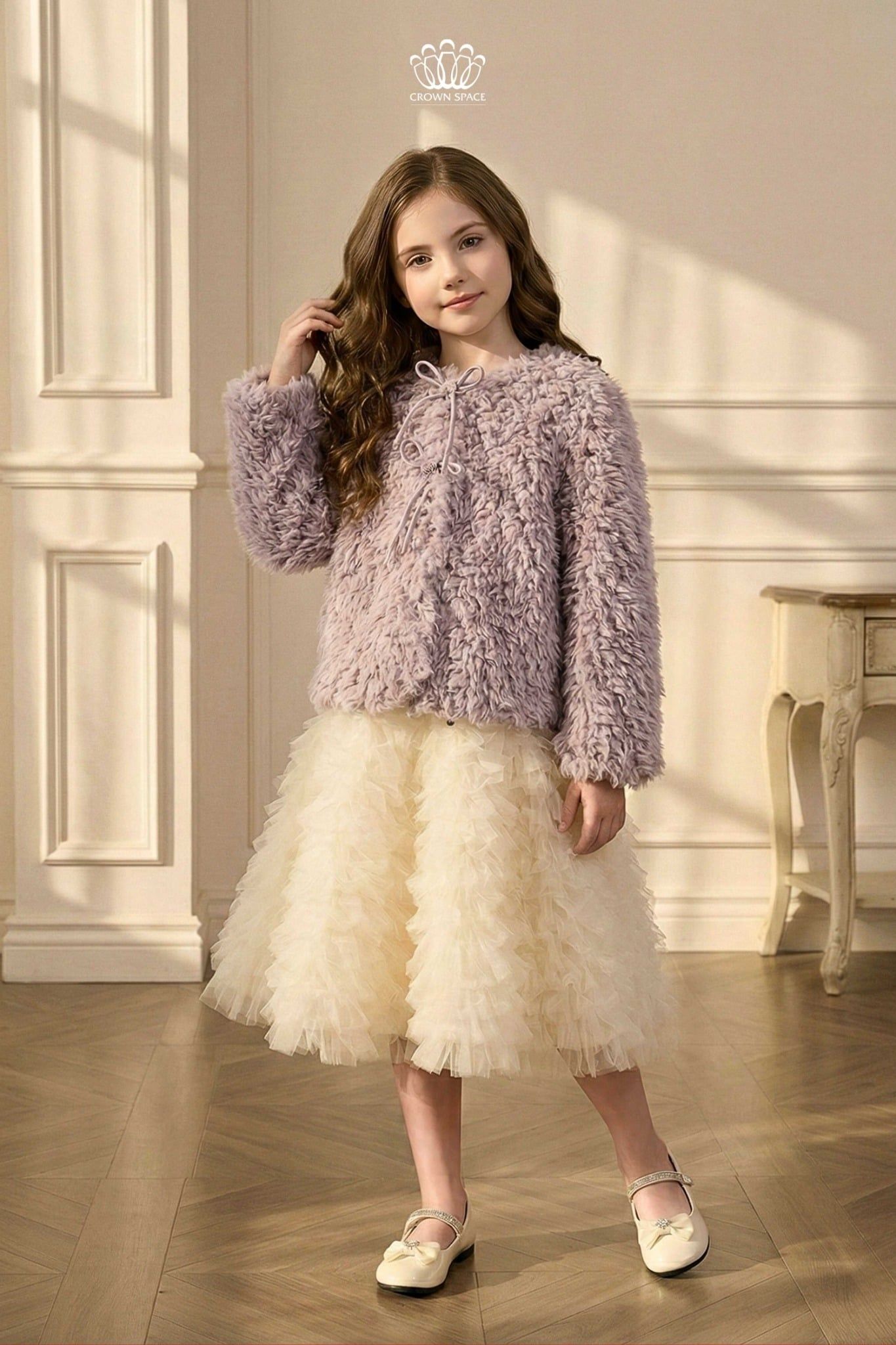  Áo Khoác Lông Cừu Mềm Mại Màu Tím Pastel Phối Nơ Đính Đá | Crown Space CKGL6351702 