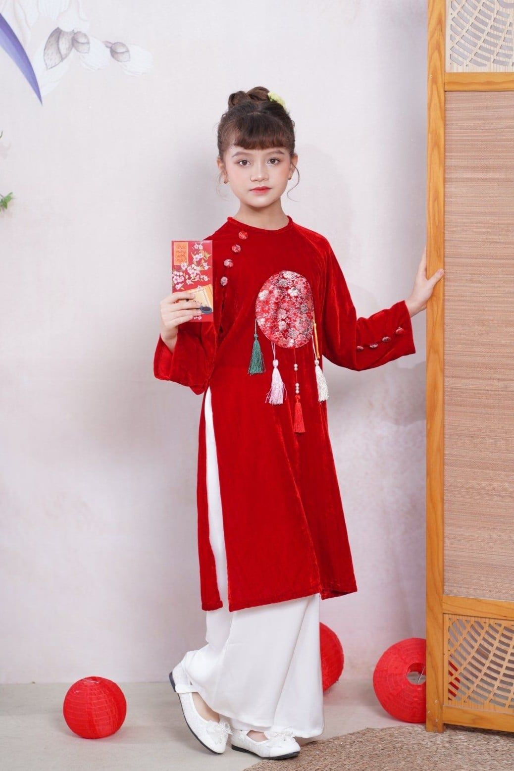  Áo Dài Nhung Màu Đỏ Bé Gái Sang Trọng | Crown Space CKGL9933107/CKGL9933108 